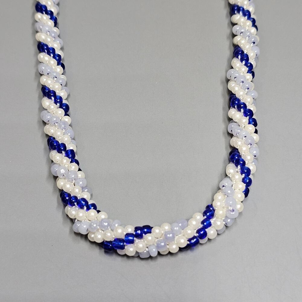 Torsade Twist 3 Strand Seed Bead Necklace Blue & White Spiral Rope Vtg